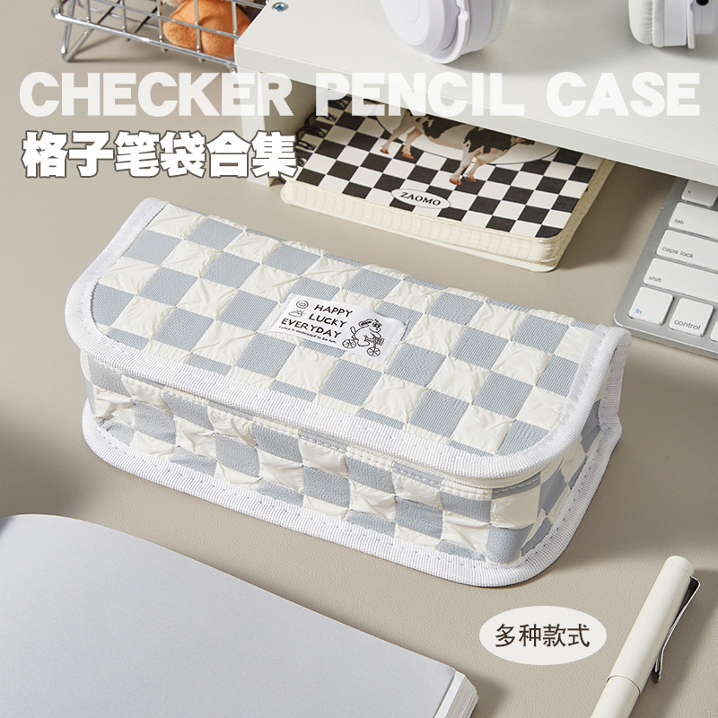 Hộp bút vải canvas sọc Caro túi bút doublle pen case siêu to đa năng đựng bút, mỹ phẩm tiện dụng.