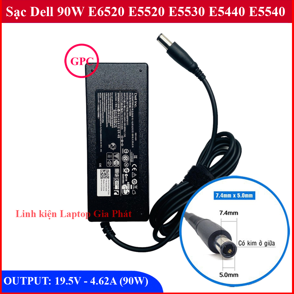 Sạc Laptop DELL 19.5V - 4.62A - 90W thay cho Latitude E6520 E5520 E5530 E6540 E5440 E5540 Chân Kim To đường kính đầu sạc 7.4mm (ký hiệu Φ7.4x5.0mm)