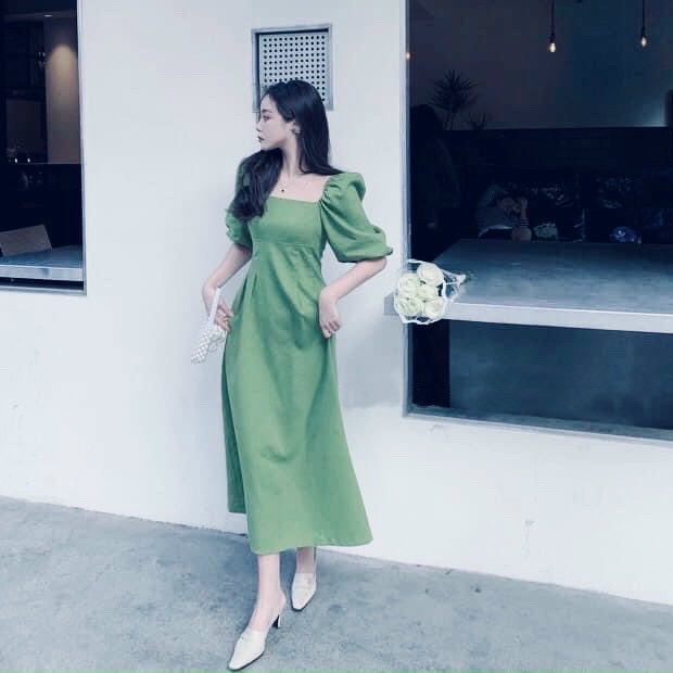 Đầm váy mint cổ vuông form dài