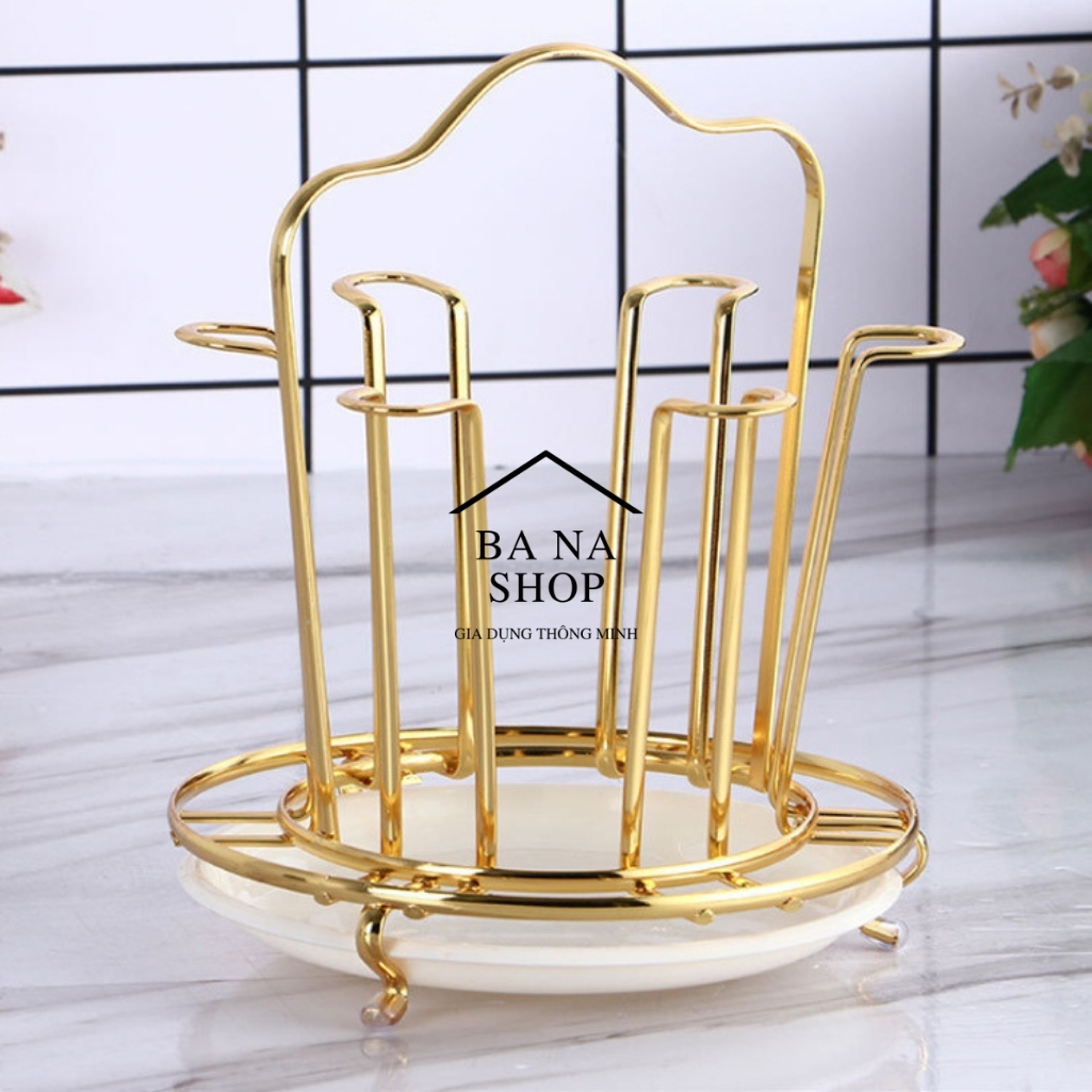 Giá úp cốc, giá úp ly inox mạ vàng tròn 6 chiếc cao cấp