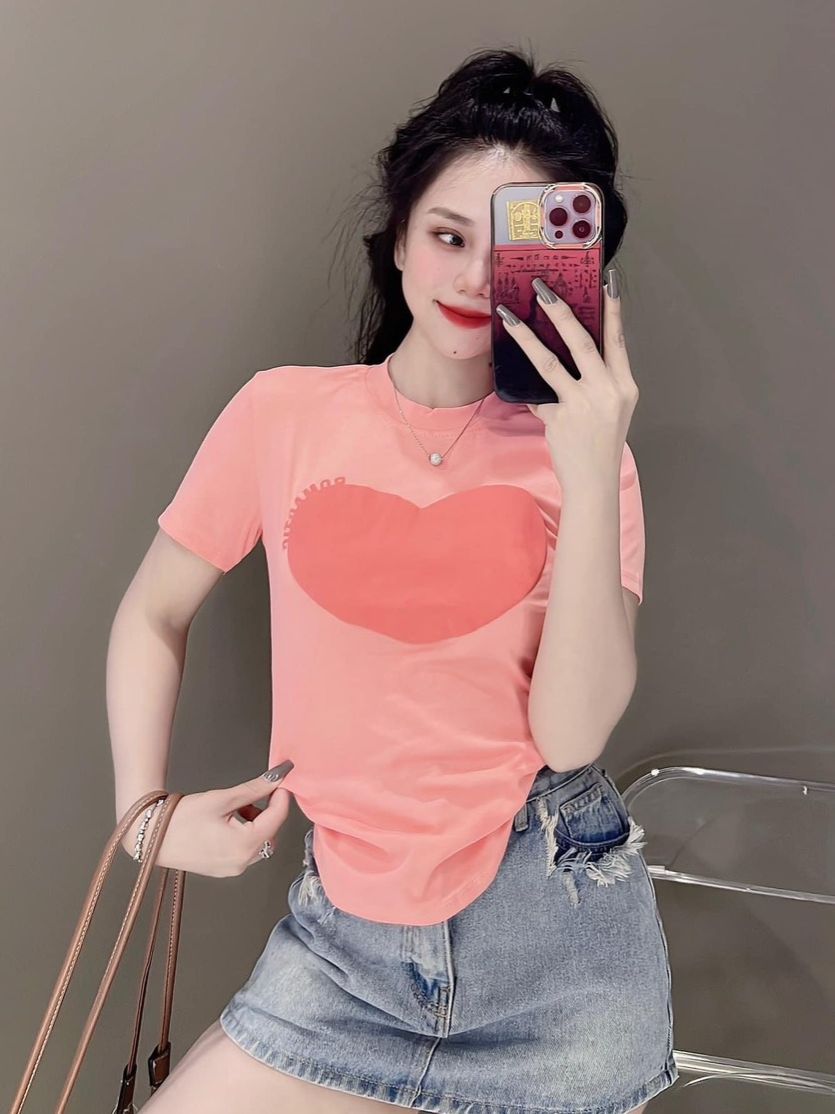 Áo thun dáng ôm nữ tay ngắn Trái Tim nổi phom dài baby tee