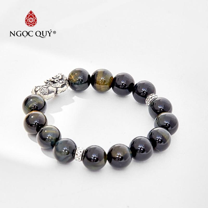 Vòng tay đá mắt hổ xanh đen charm tỳ hưu bạc mệnh thủymộc - Ngọc Quý Gemstones