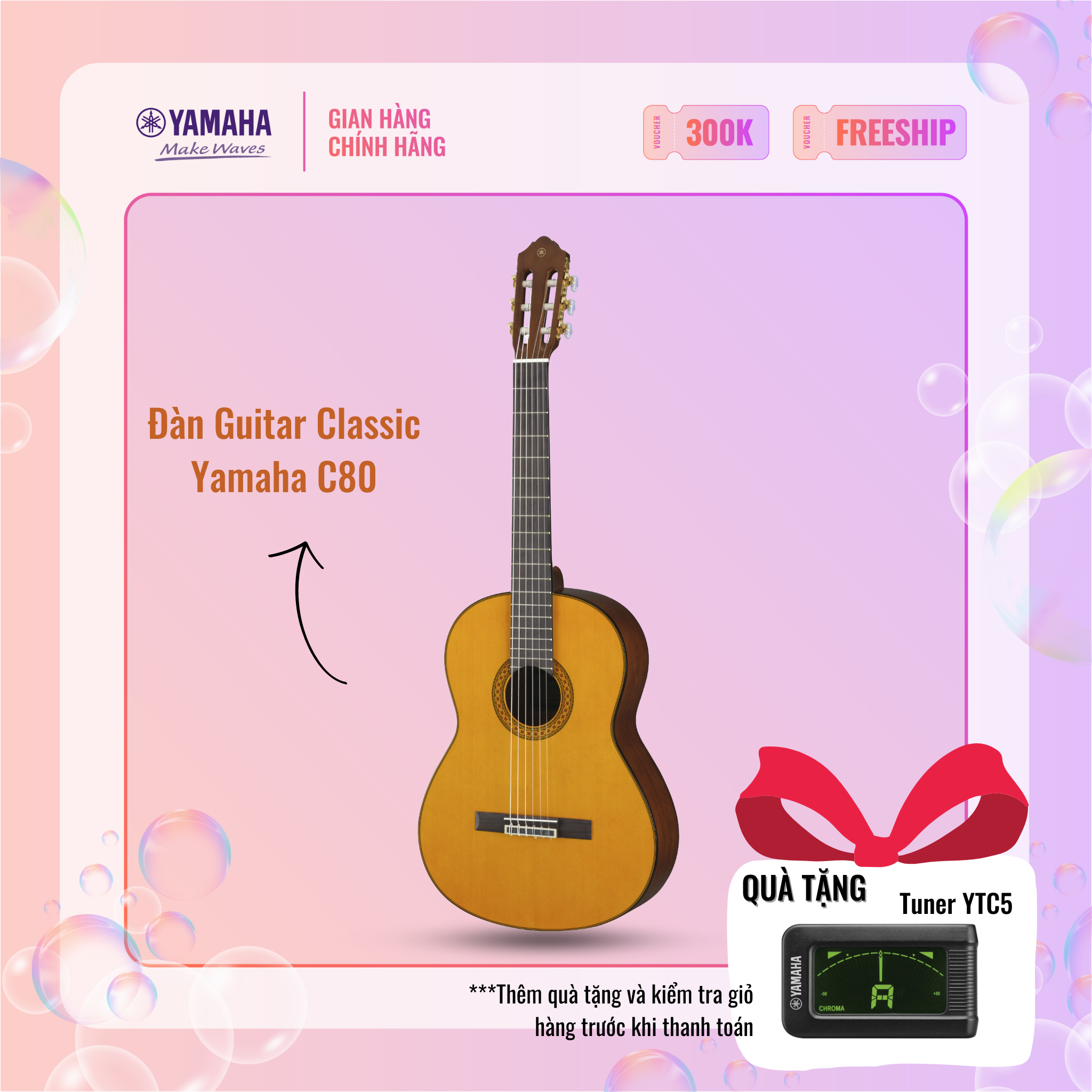 [Trả góp 0%] Đàn Guitar Classic YAMAHA C80 - Mặt đàn gỗ vân sam, mặt sườn và lưng đàn từ gỗ nato, bảo hành chính hãng 12 tháng