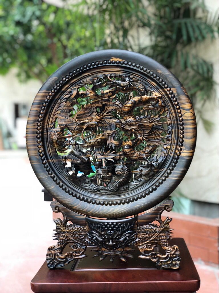 Đĩa tứ linh gỗ mun hoa cao cấp