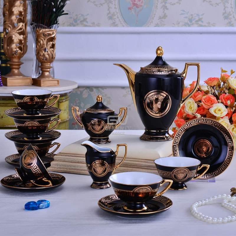 Bộ ấm chén sứ xương pha trà, cà phê versace màu đen viền vàng cao cấp.