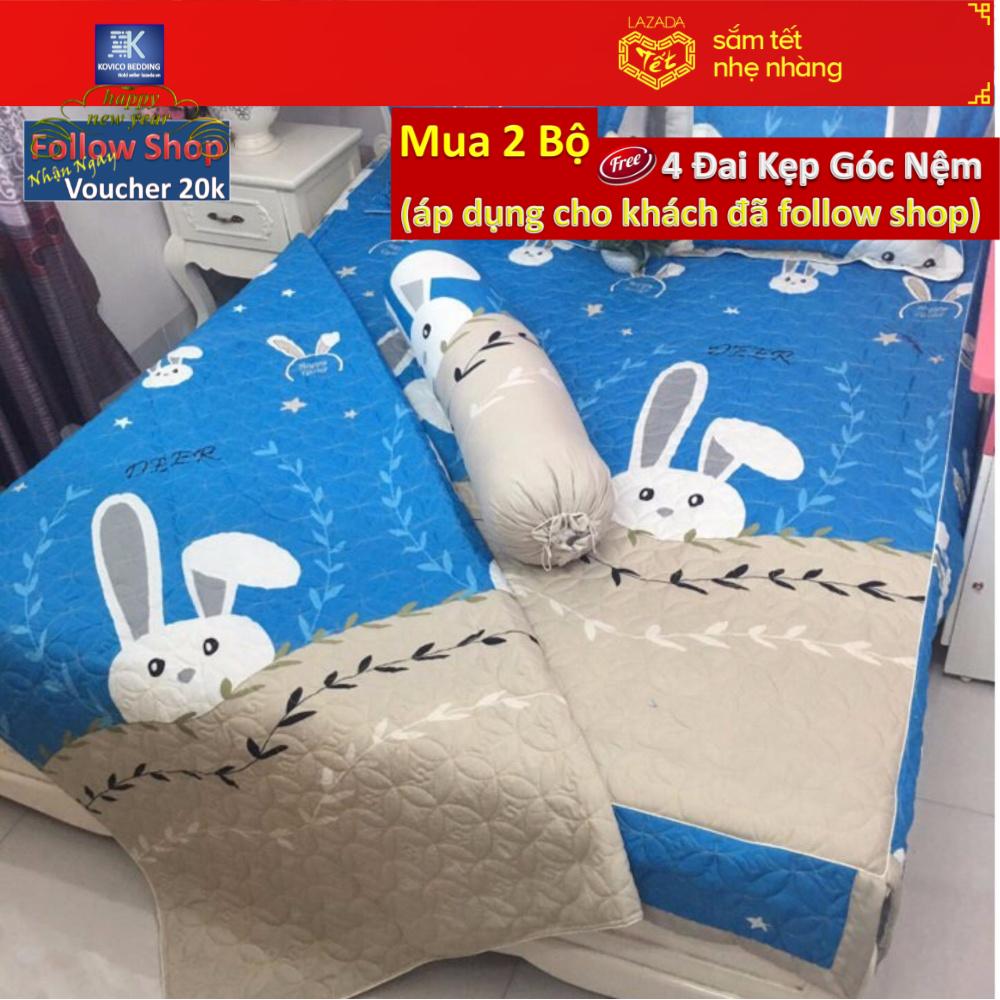 Bộ Chăn Ga Gối Phủ Rèm Kovico Cotton Poly Thỏ xanh