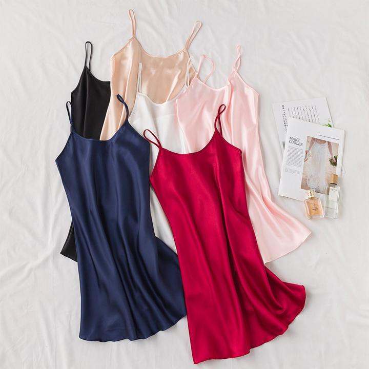 [HCM]Đầm ngủ hai dây đơn giản màu đỏ rượu vang quyến rũ