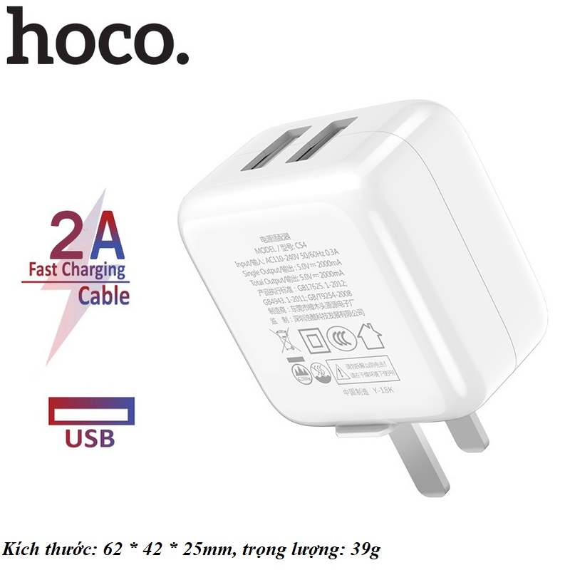 Củ sạc nhanh 2A Hoco C54 2 cổng sạc cho các loại máy ( CHÍNH HÃNG )