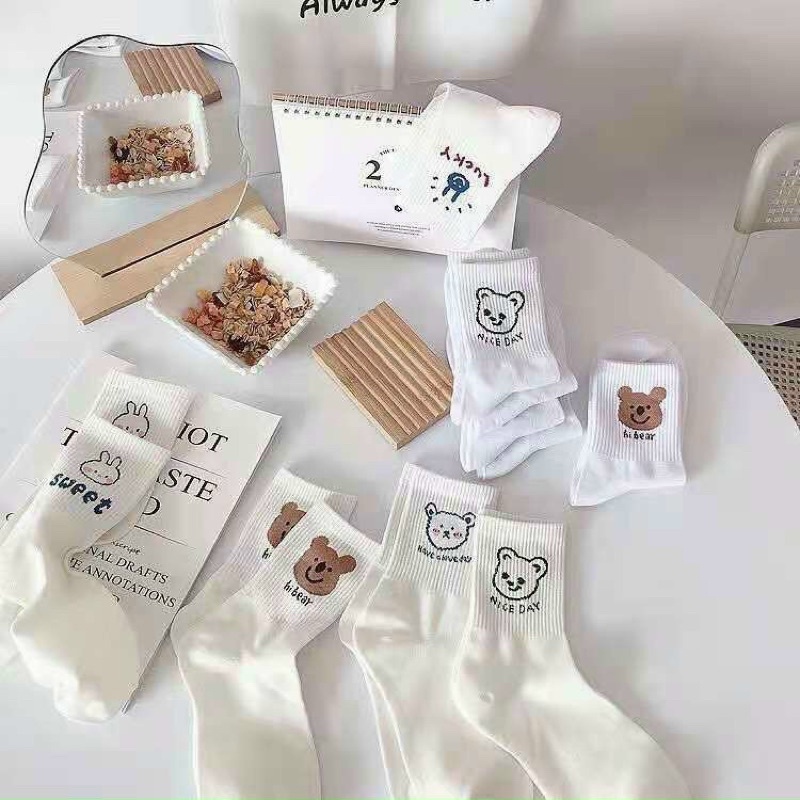 [FreeshipMAX] Set 10 đôi tất trắng in hình gấu thỏ cute