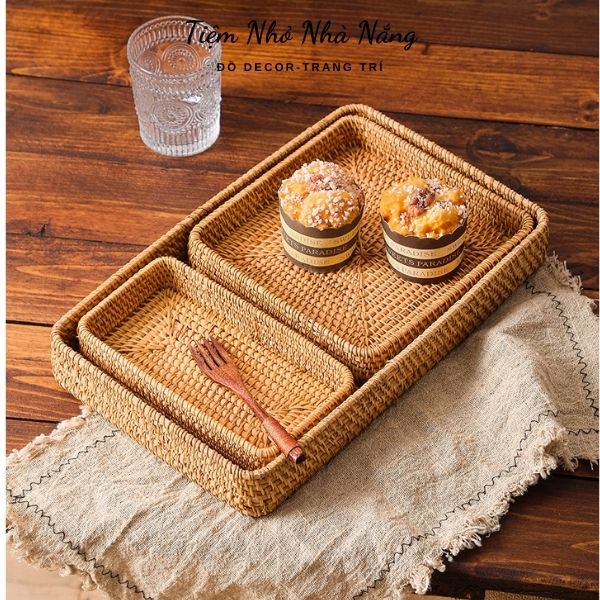 Khay đựng đồ mây tre đan, khay mây decor trang trí, chụp ảnh