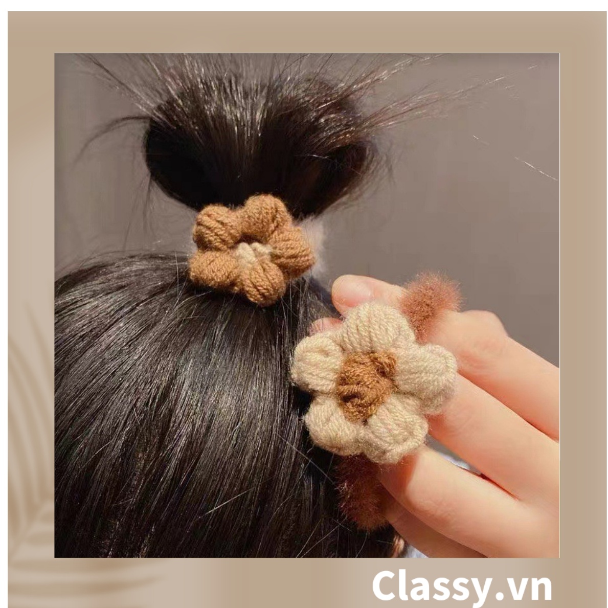 Classy Dây Cột Tóc Đính Hoa Bằng Len Phong Cách Hàn Quốc