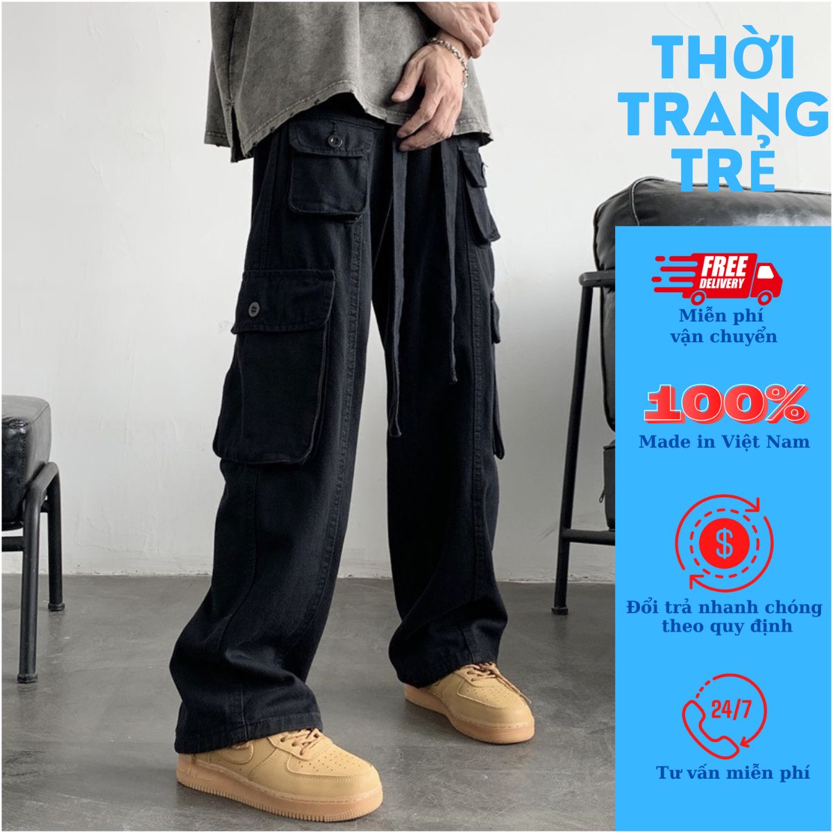 Quần kaki nam nữ túi hộp 2 bên phong cách hiphop cực chất-THOITRANGTRE-Quần bò kiểu Unisex ống rộng suông chất vải dày dặn hàng đẹp loại 1