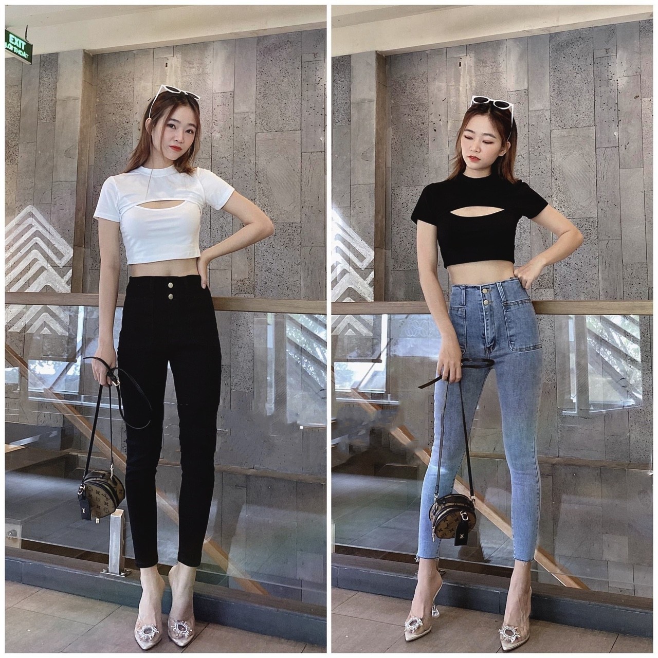 Quần jean nữ lưng cao túi trước 2 cúc + 2 túi bầu chất jean giãn tốt 01/9-31