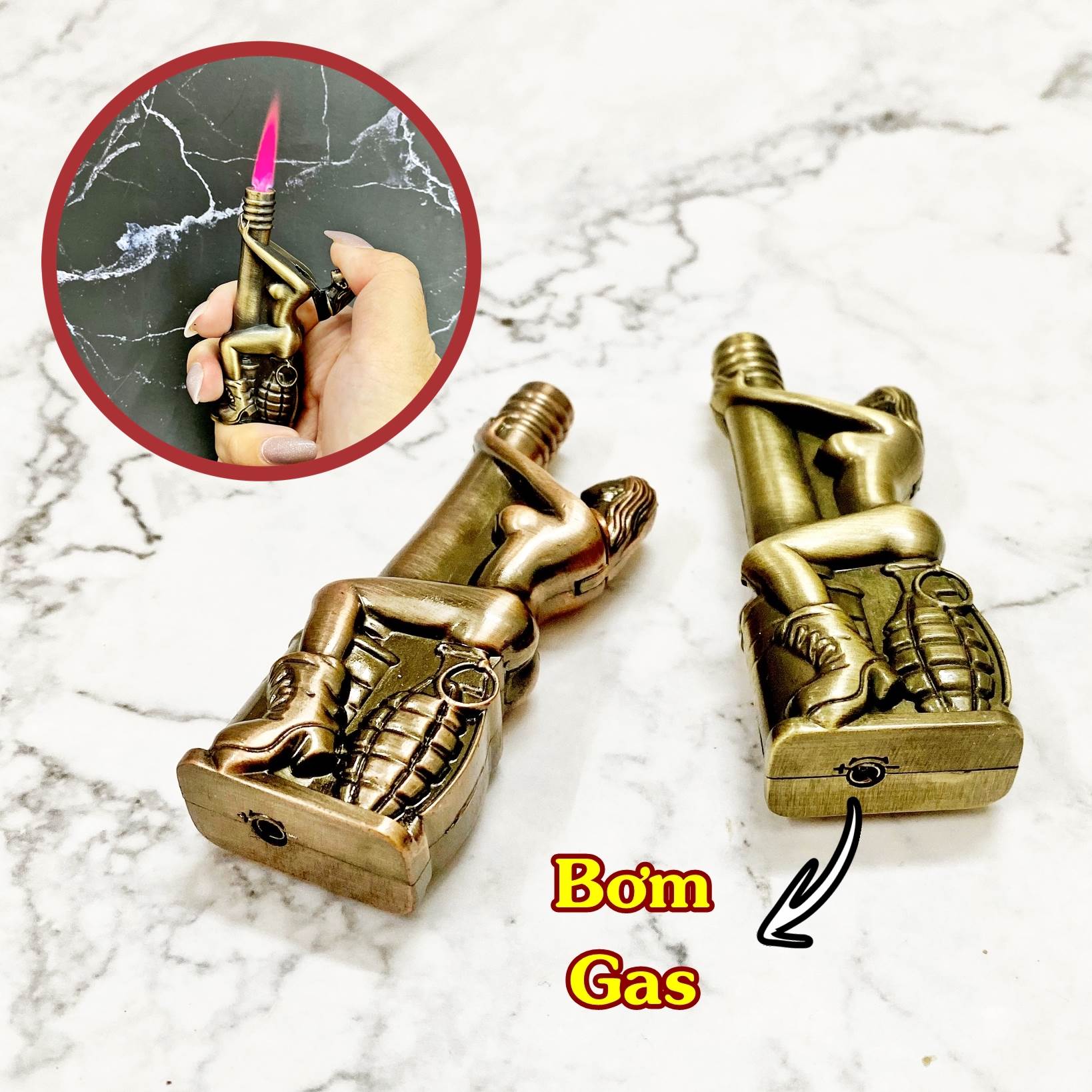 BẬT LỬA KHÈ HÌNH CÔ GÁI ÔM LỰU (KIM LOẠI) - (XÀI GAS)
