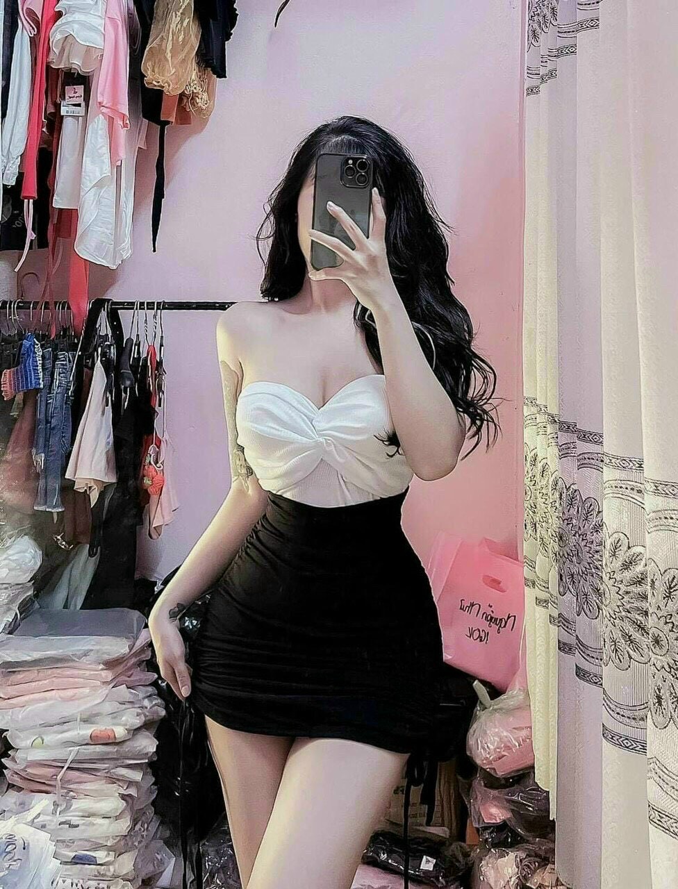 Set áo xoắn ngực có mút kèm chân váy rút dây 2 bên