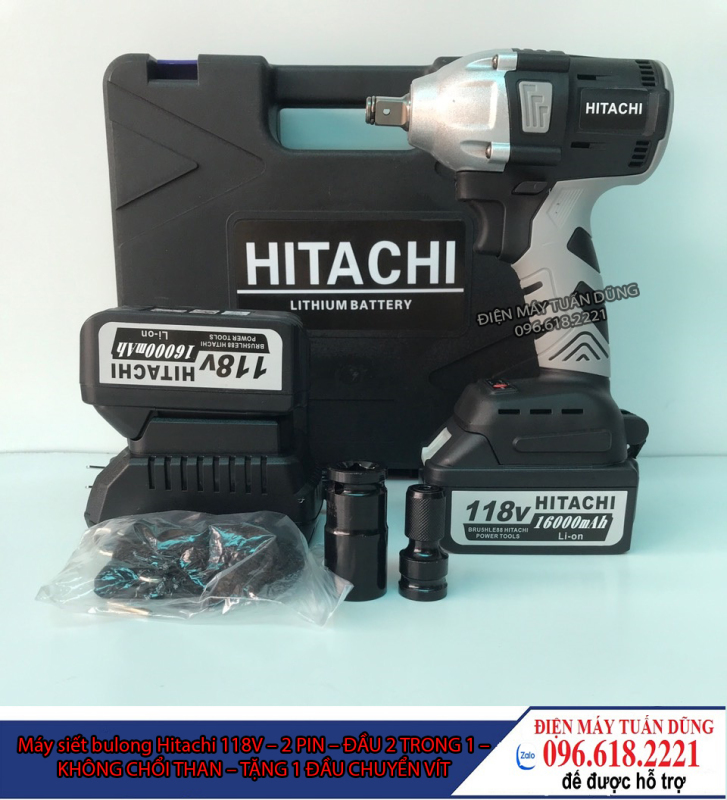Máy siết bulong Hitachi 118v, 2 pin, đầu 2 trong 1, 100% dây đồng, không chổi than, tặng đầu khẩu - đầu chuyển vít