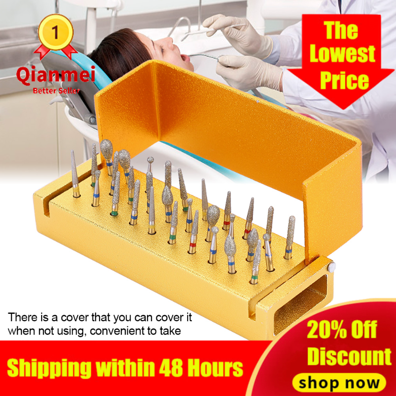 Qianmei Golden Dental High Speed Handpieces Holder + 30Pcs Dental Diamond Burs Drill