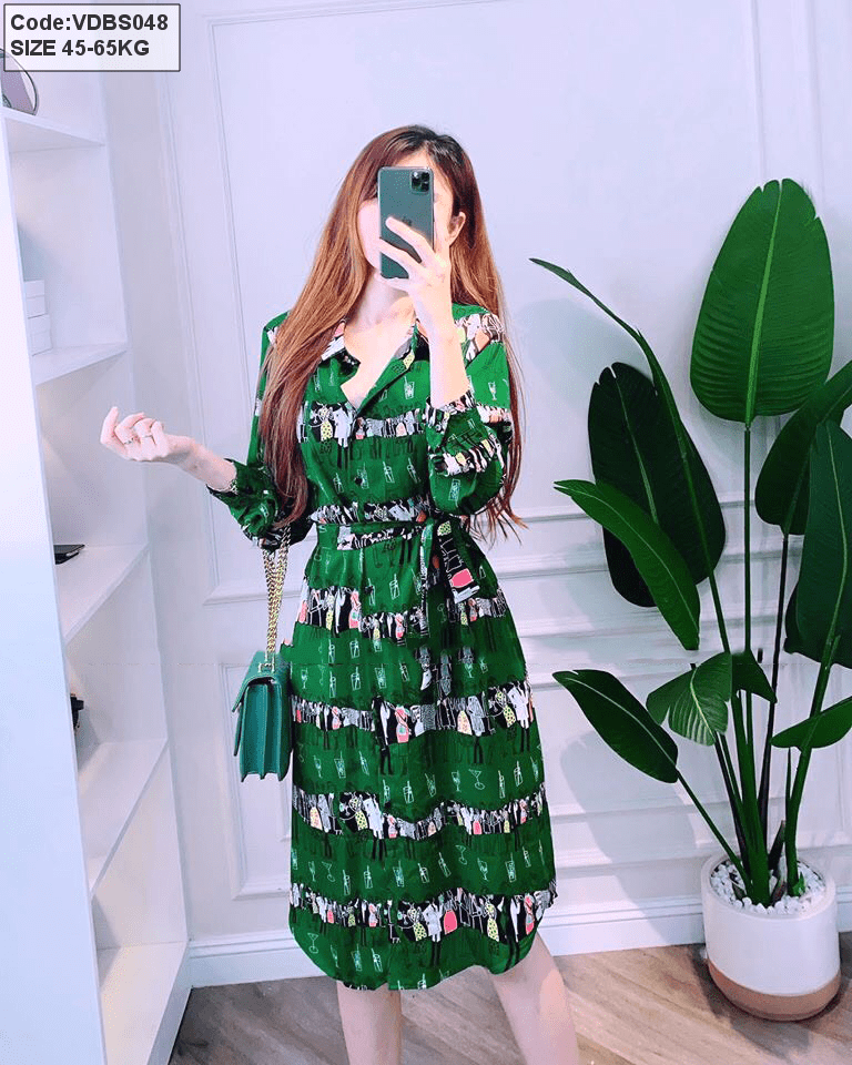 Đầm sơ mi lụa màu xanh lá cây free size