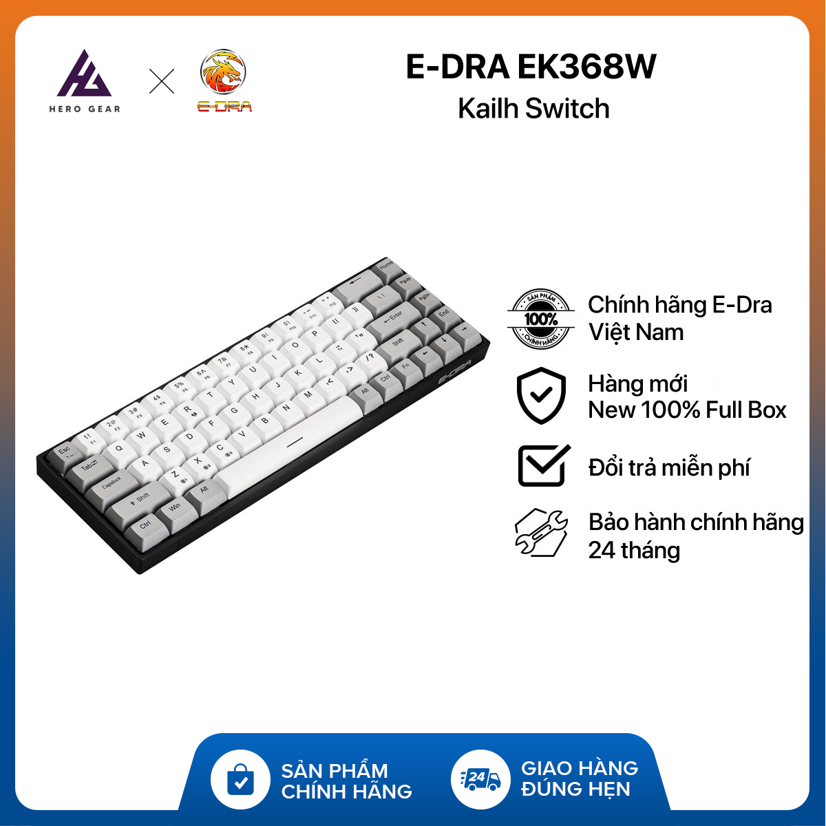 Bàn phím cơ không dây E-DRA EK368W Kailh Switch - Pin 1850mAh - Có Hotswap - Kết nối Bluetooth,Type-C - Hàng chính hãng