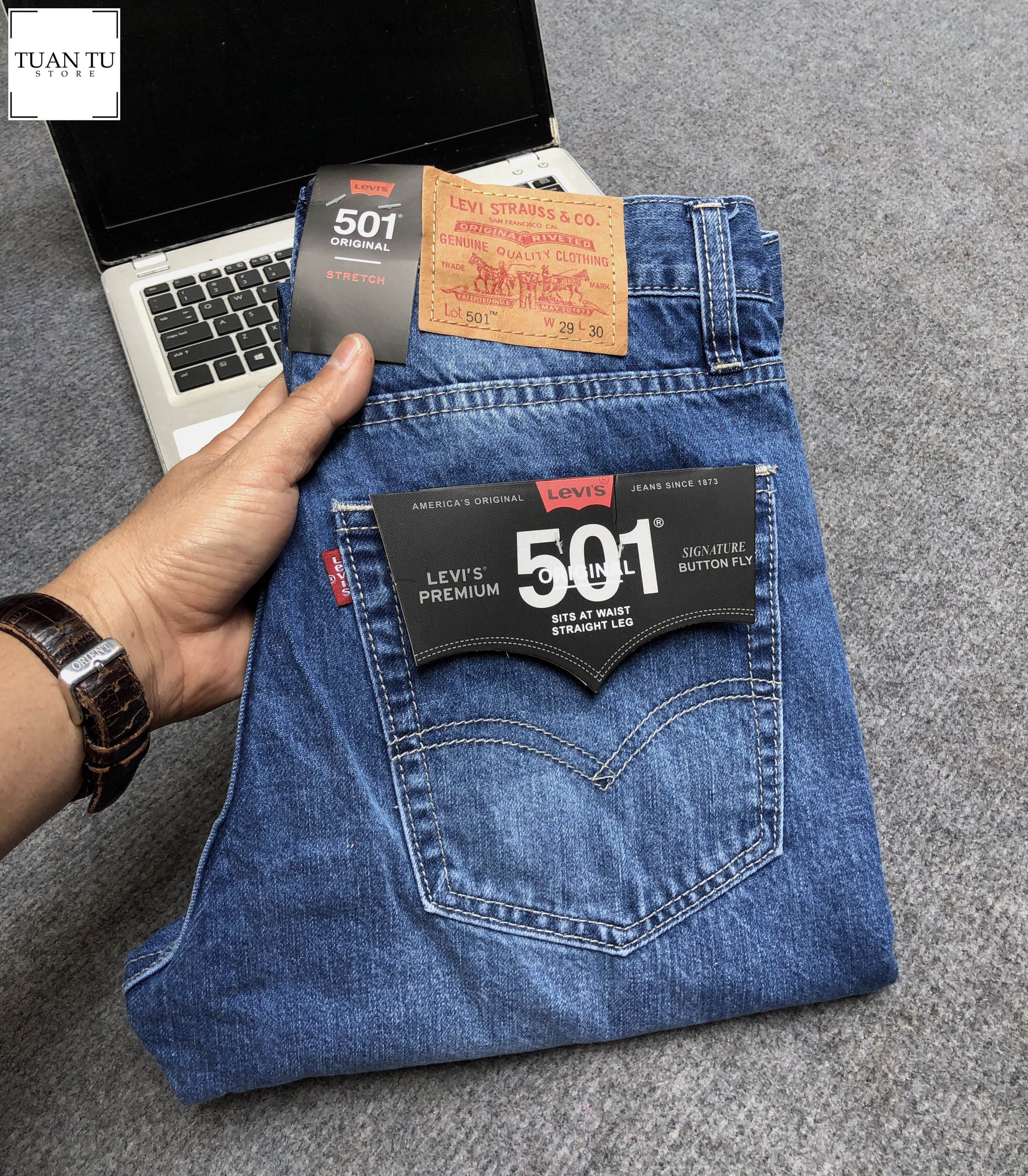 Quần Jean Dài Nam Levis 501 ống suông, vải không co dãn, ống quần 20cm,  made in cambodia S16  