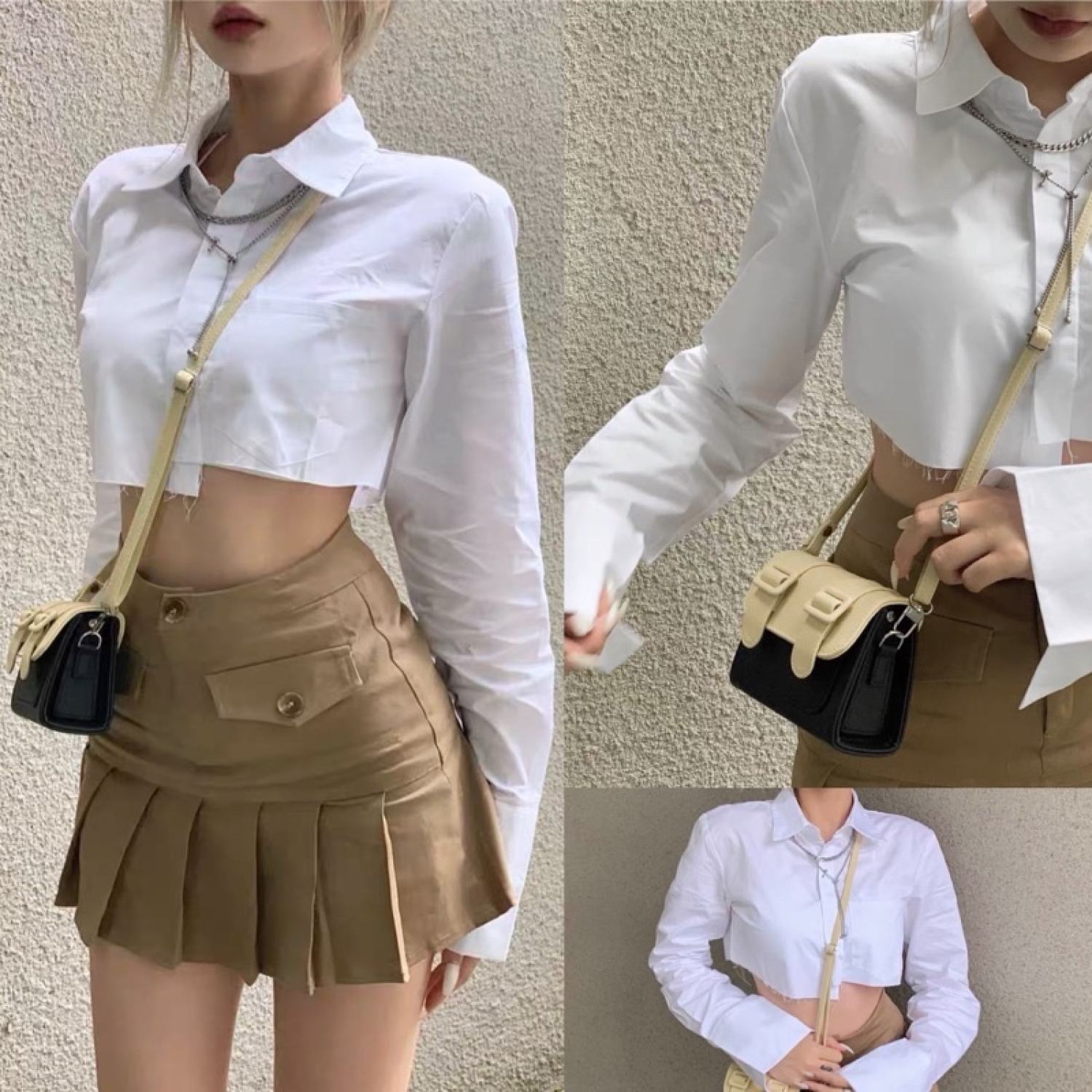 áo sơ mi croptop Եà lệch tay dài cá tính nữ