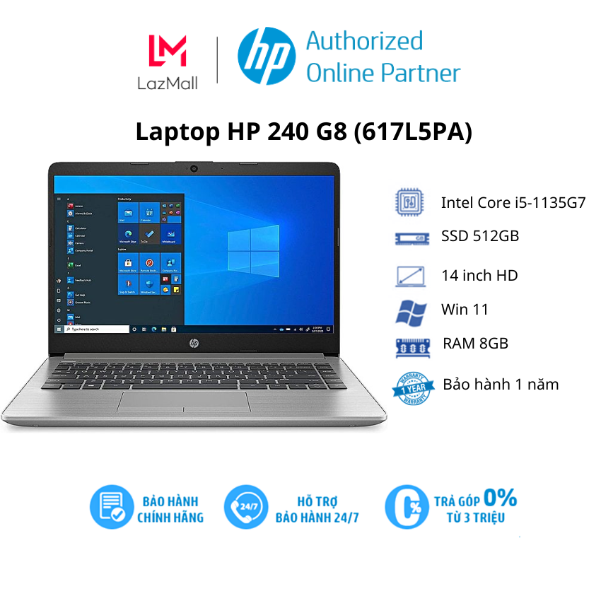 Laptop chính hãng HP 240 G8 (617L5PA)/ Bạc/ Intel Core i5-1135G7 (up to 4.2Ghz, 8MB)/ RAM 8GB/ 512GB SSD/ Intel Iris Xe Graphics/ 14inch FHD/ Win 11/ 1Yr