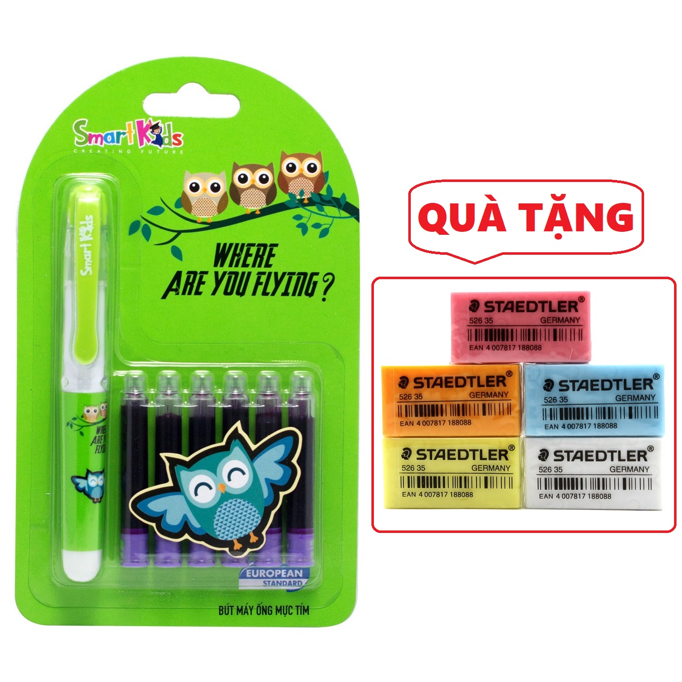 Bút máy smartkids sk-cfp002 kèm 6 ống mực tím - tặng 1 tẩy chì staedtler