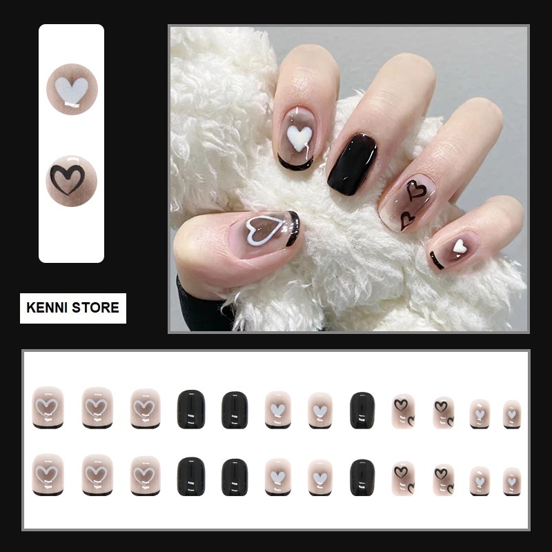 Bộ 24 móng tay giả nailbox đen họa tiết tim 💖💖 SẴN KEO DÁN 💖💖