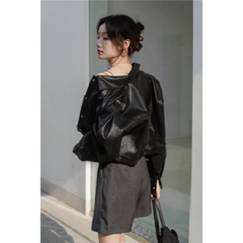 Áo khoác da dáng lửng croptop basic có cúc bấm phong cách retro