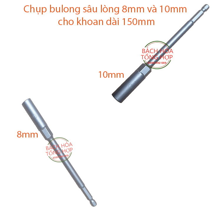 Chụp Bulong, tuýp vặn khẩu sâu lòng 8mm và 10mm cho máy khoan, bắn vít dài 150mm