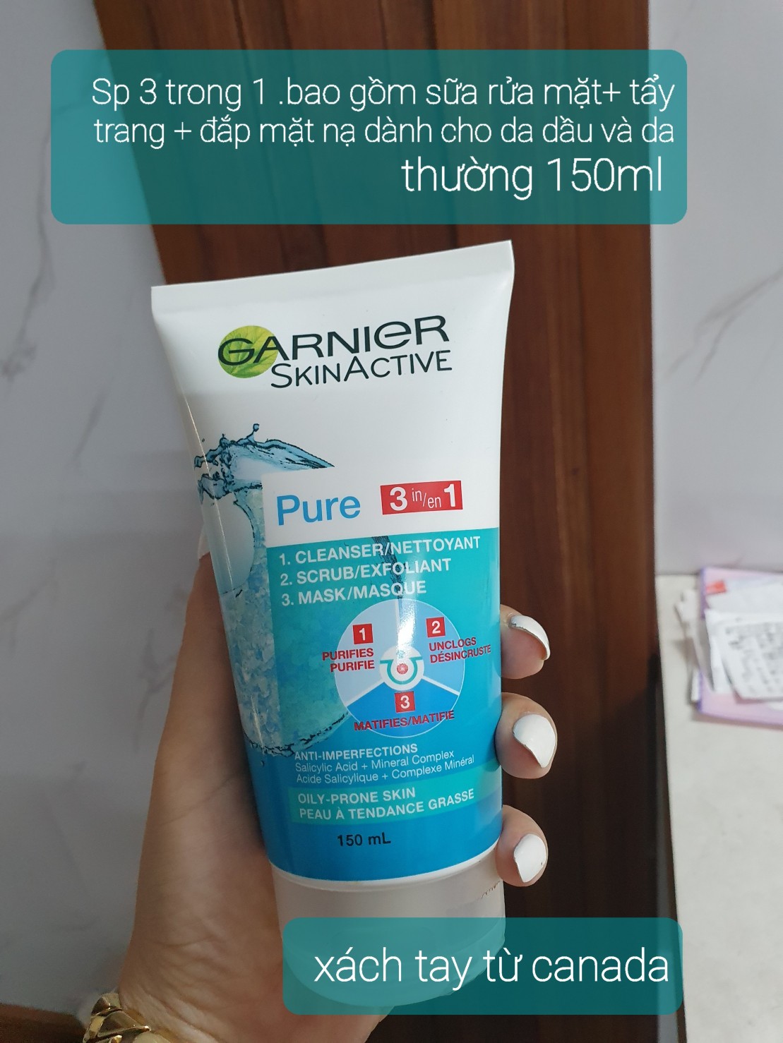 Sữa Rửa Mặt Garnier skin active 3 trong 1 Xách tay từ mall Canada, Chính Hãng 100%, Ship toàn quốc