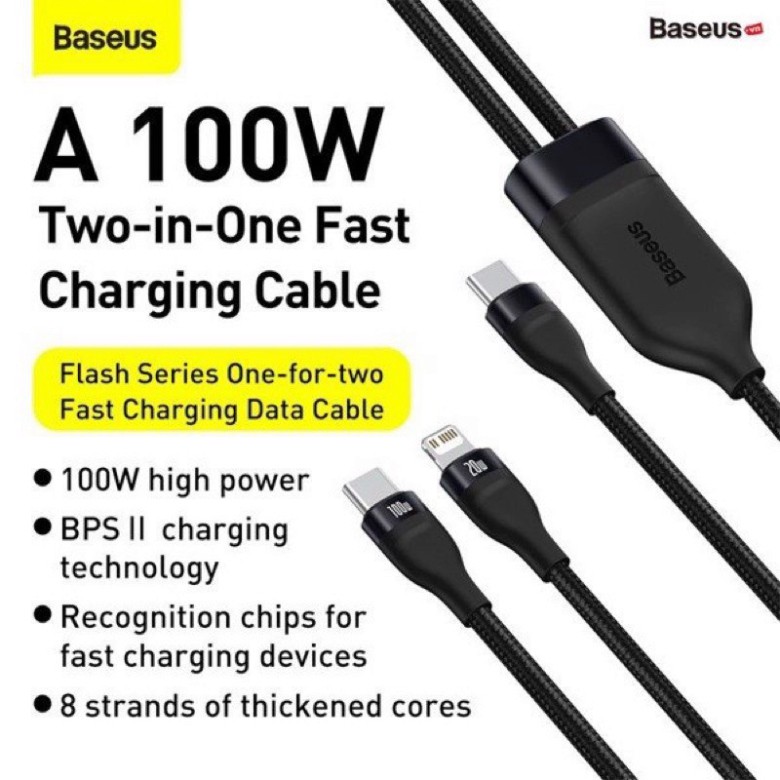 Cáp sạc nhanh 100W Type C to Lightning & Type C Baseus Flash Series One-for-two Fast Charging Data Cable Type-C to L+C