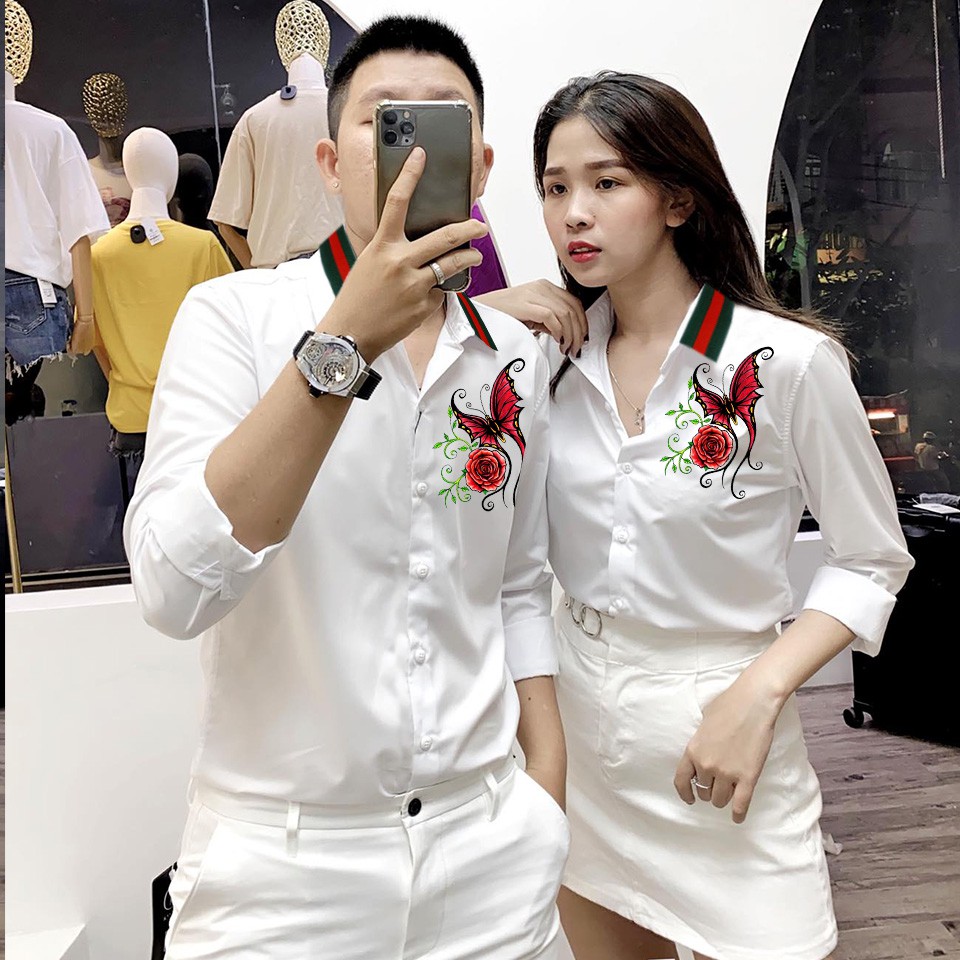 [HCM]Áo Sơ Mi Cặp Đôi Họa Tiết Bươm Bướm  Hoa Hồng Cao Cấp | Áo Đôi Nam Nữ Đẹp (GIÁ 1 ÁO)