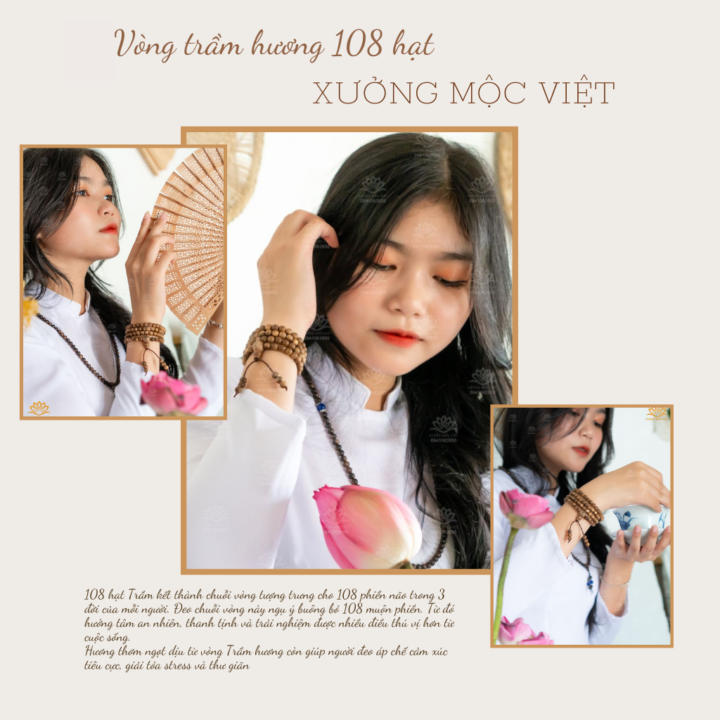 Vòng Tay Trầm Hương 108 Hạt Xưởng Mộc Việt - Chuỗi Tràng Hạt Trầm Tóc Thường Size 6/7/8mm Vòng Tay May Mắn Bình An Tài Lộc