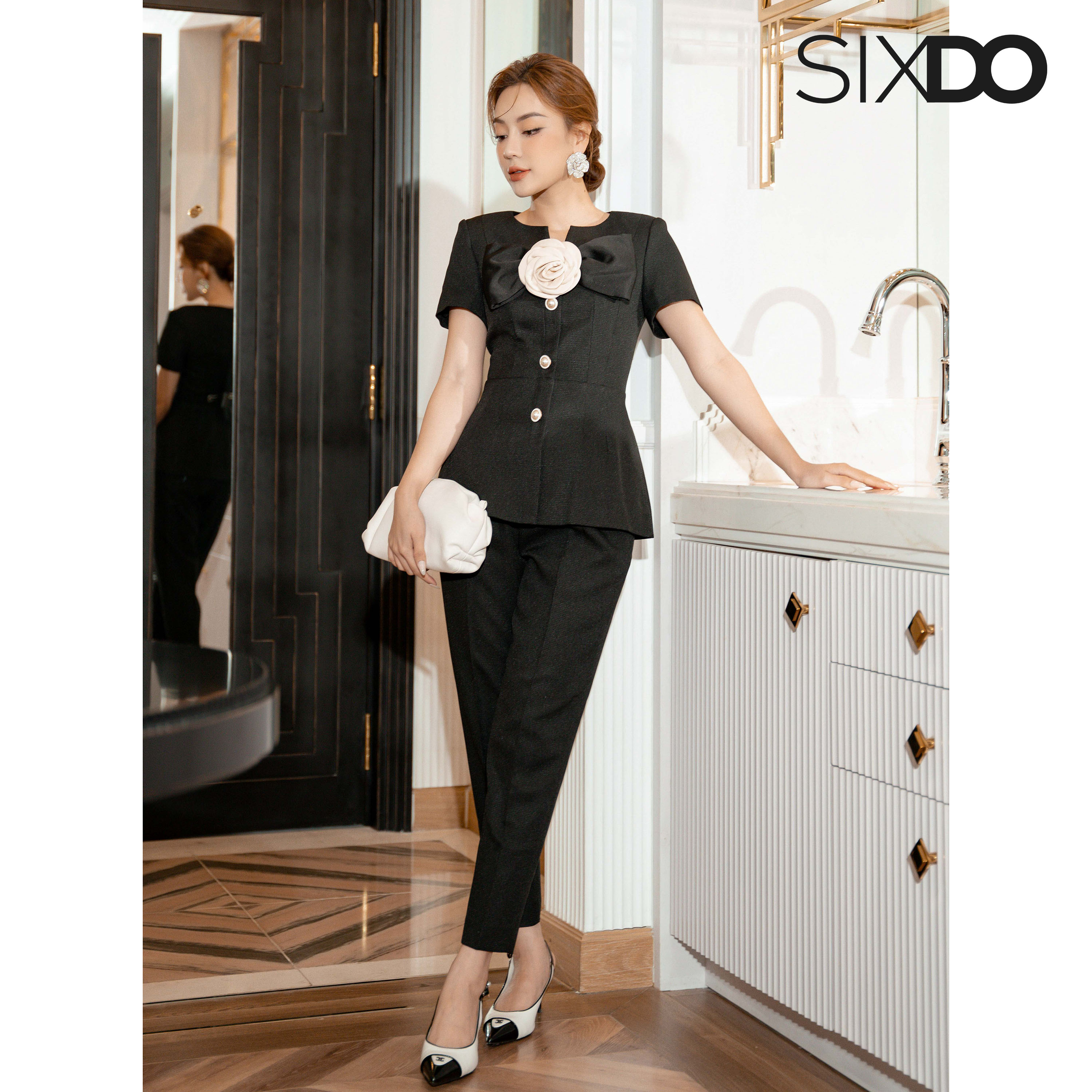Áo Vest nữ cổ tròn phối nơ SIXDO (Black Bowtie Raw Vest)