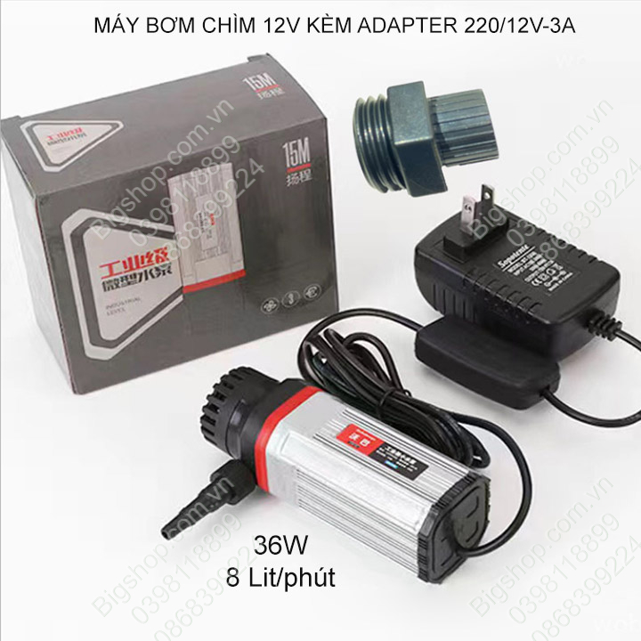 Máy bơm nước chìm mini 12V kèm adapter 220V/12V-3A, loại 30-36W tùy chọn