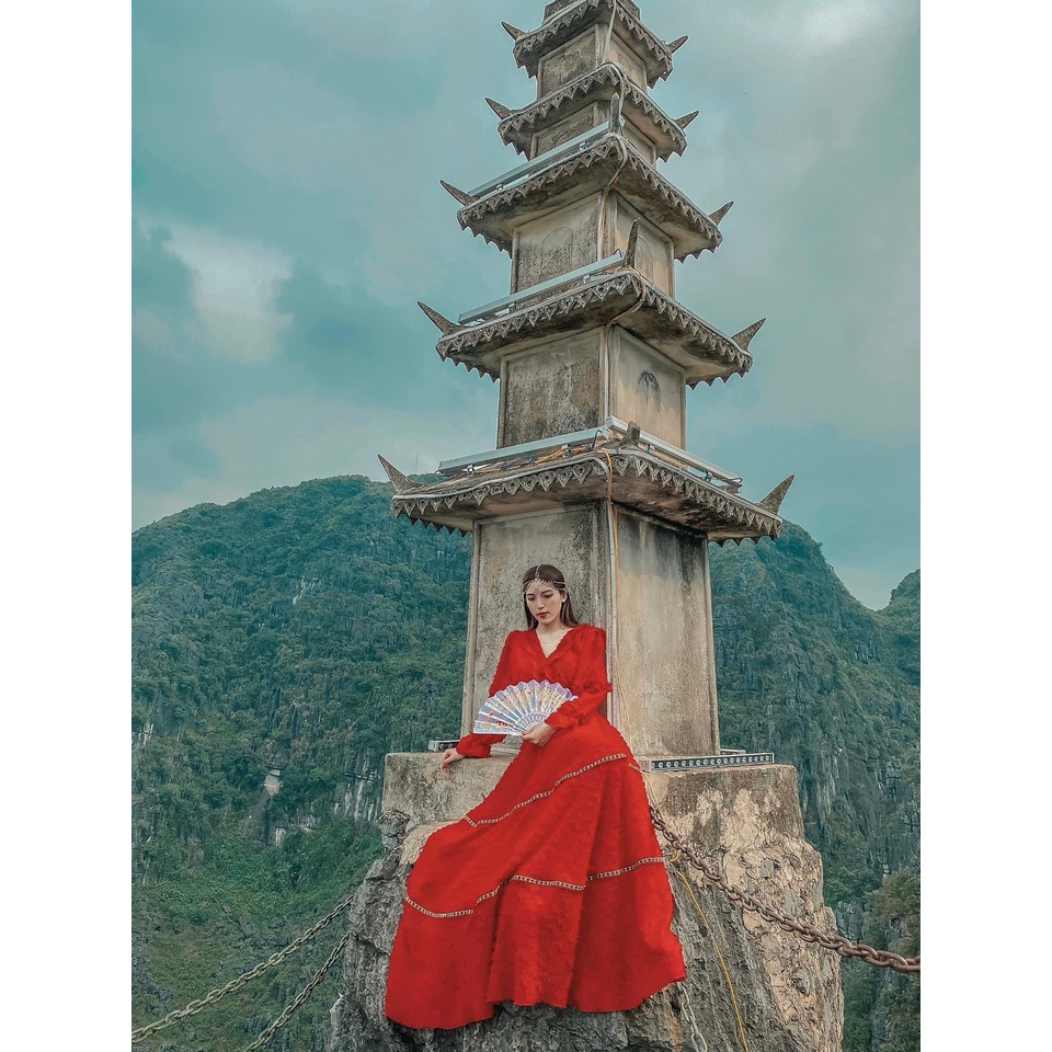 Đầm maxi đi biển váy maxi lông khoét viền