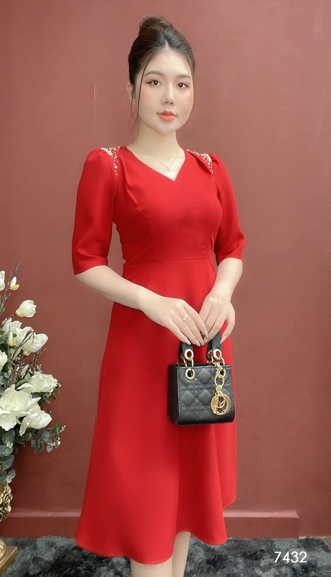 Đầm EMY EM7432 Xoè Đỏ Tay Lỡ