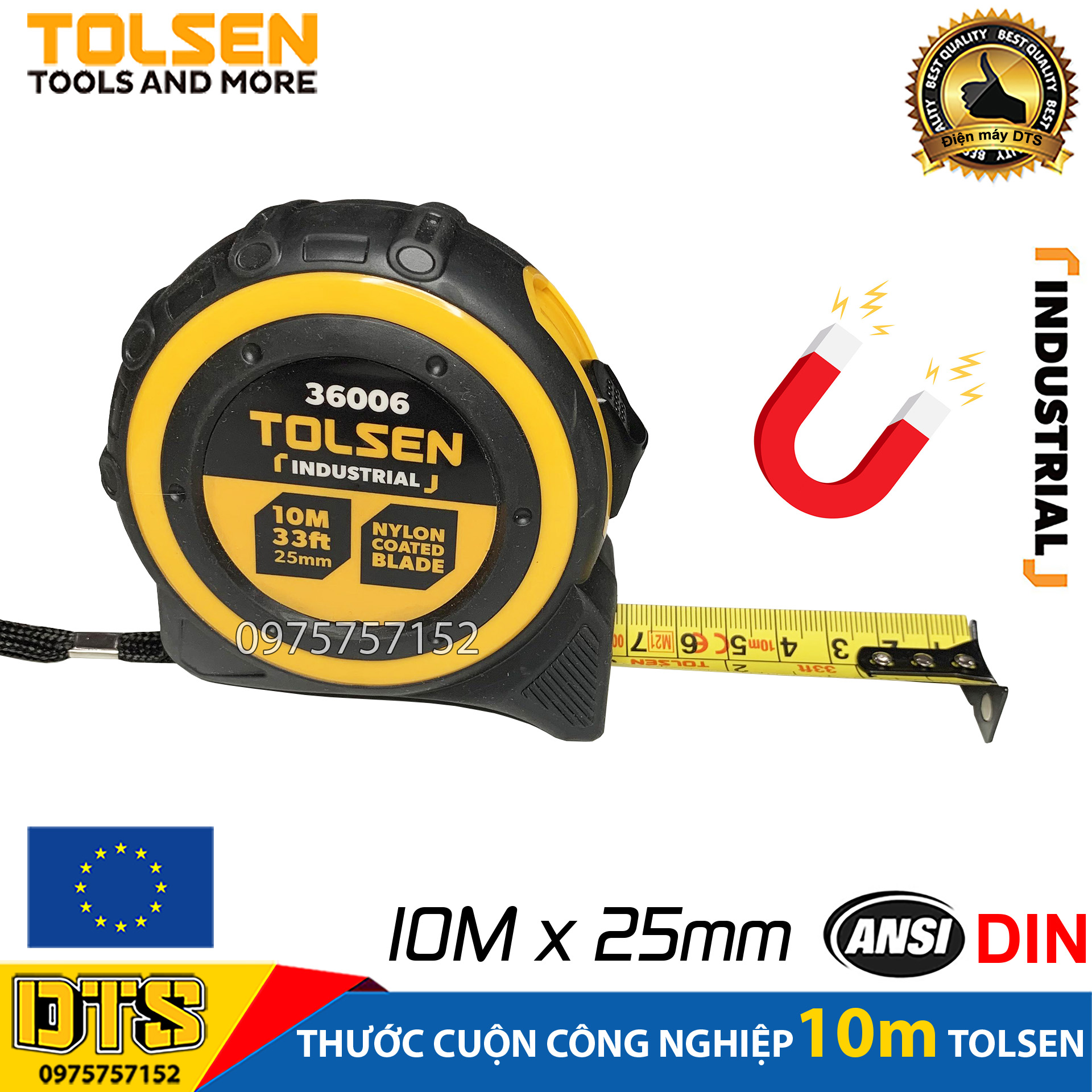 Thước rút, thước cuộn thép công nghiệp TOLSEN 10m tích hợp nam châm cực mạnh, vỏ bọc cao su cao cấp chống sốc, chống va đập, độ chính xác cao MID lớp 2 - Tiêu chuẩn xuất khẩu châu Âu, thuoc cuon, thuoc rut, thước cuộn công trình