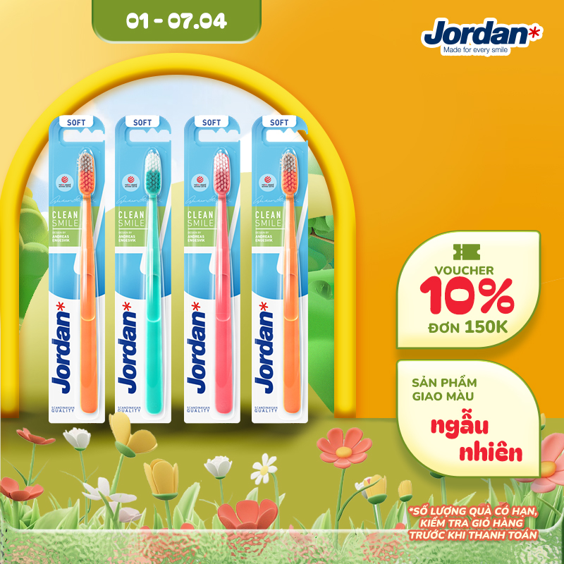 Bộ 4 Bàn chải đánh răng Jordan Clean Smile lông siêu mềm bảo vệ nướu nhạy cảm, xuất xứ Na Uy