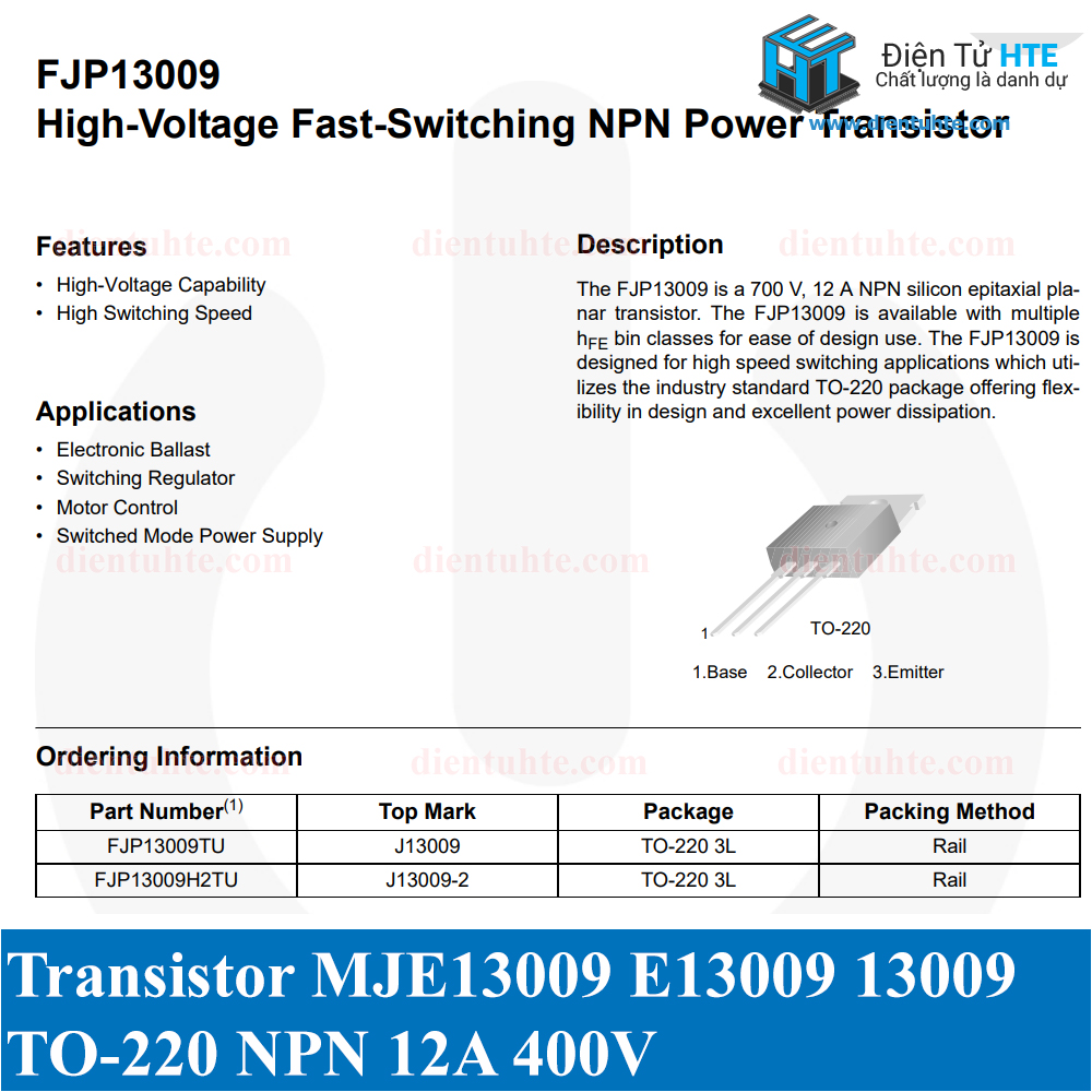 Combo 2 Transistor công suất  JE13009 E13009 13009 400V 12A TO-220