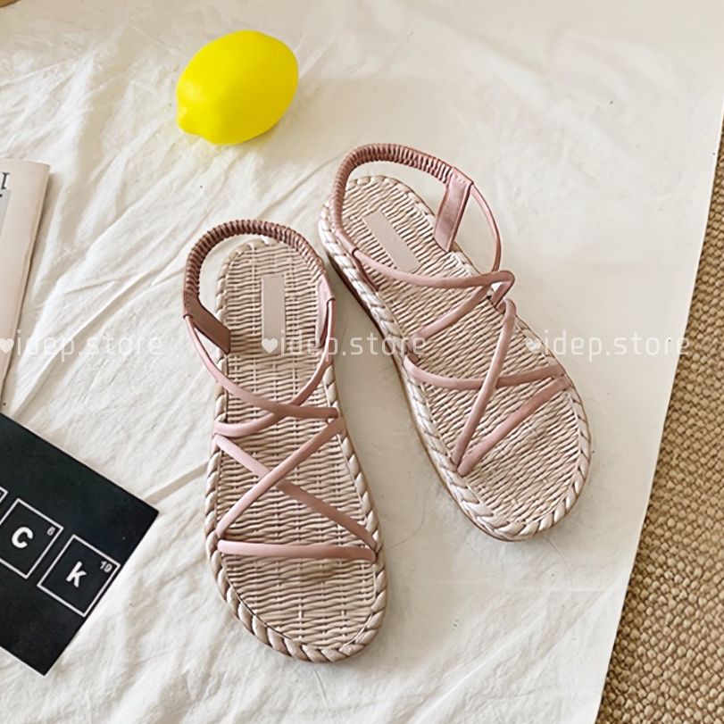 Giày sandal nữ dây quai chéo xỏ ngón đế cao su giả cói êm chân đi mưa đi biển mùa hè GL002 iDep HCM