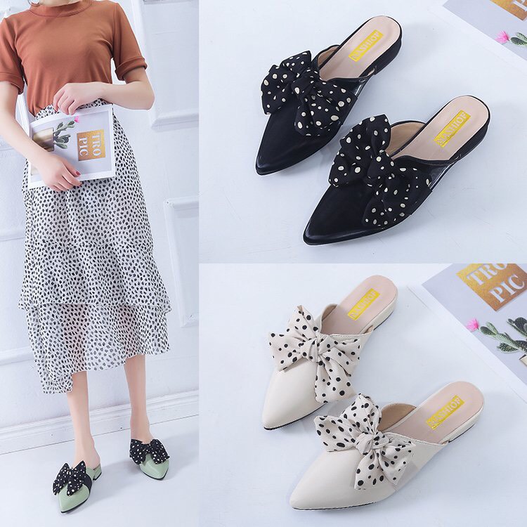 dép sục nữ thắt nơ chấm bi 2 màu mẫu hot 2021, thiết kế nơ to điệu đà, dễ mang hàng cao cấp cực đẹp