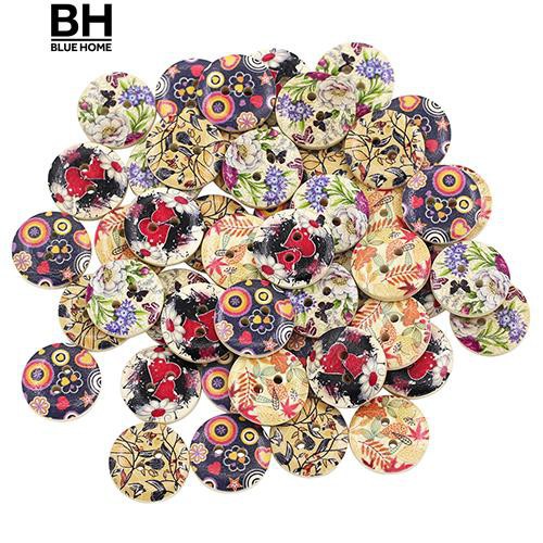 Set 4 nút gỗ 2 lỗ 20mm họa tiết hoa vintage