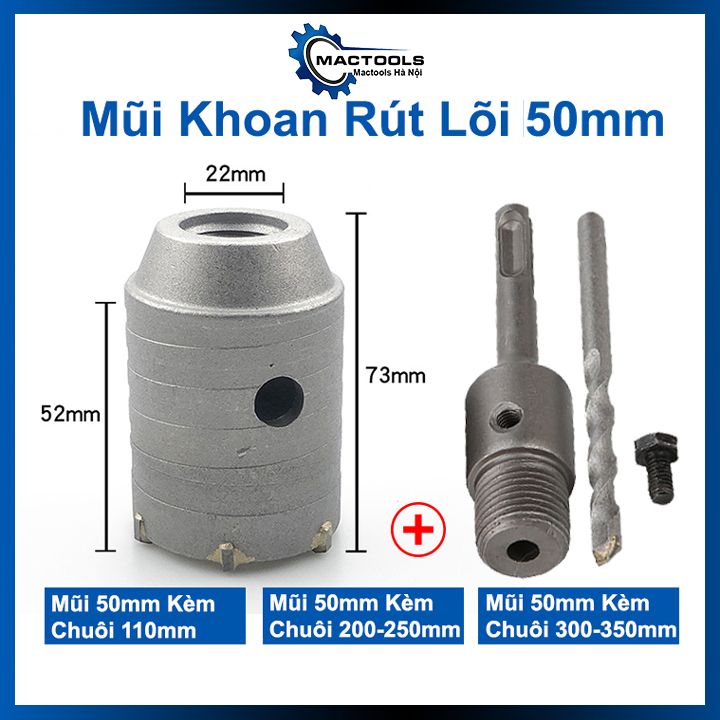 Mũi khoan rút lõi 50mm, khoét lỗ điều hòa tường, bê tông kèm chuôi lắp