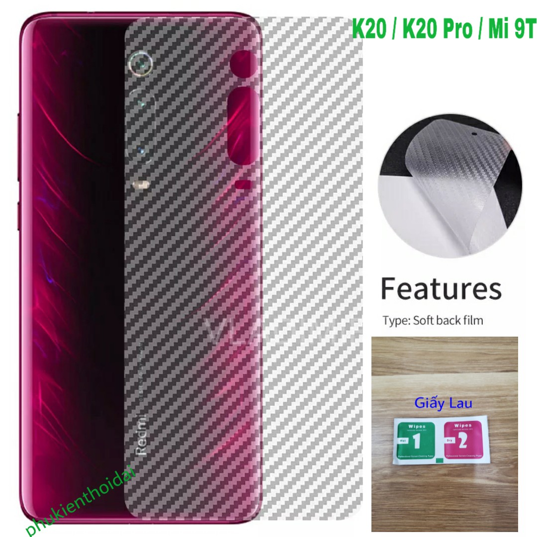 Dán lưng Carbon Redmi K20 / K20 Pro / Mi 9T chống trầy xước chống mồ hôi vân tay ( tặng giấy lau )