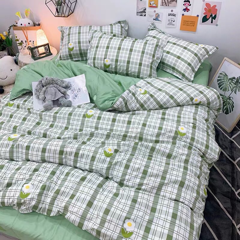 Trọn bộ 4 món cotton poly nhập mẫu hoa kẻ xanh