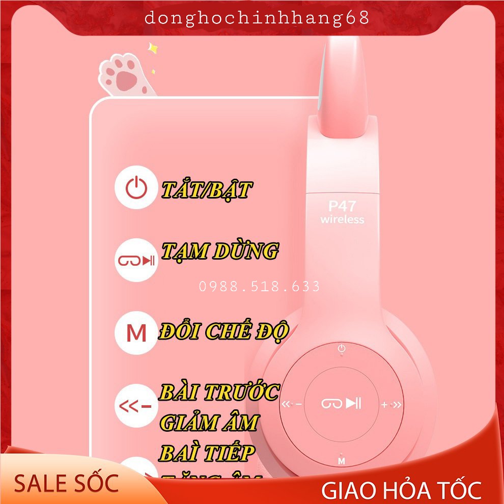 Tai Nghe Mèo Bluetooth P47M Chụp Tai, Tai Mèo Dễ Thương Có Mic, Âm Bass Mạnh Mẽ , Nghe Cực Chất Bảo Hành 12 Tháng