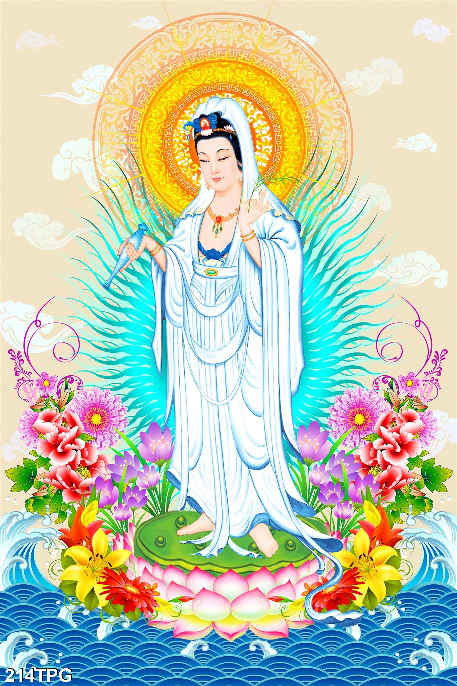 TRANH DÁN TƯỜNG 3D QUAN ÂM TOẠ SEN - TRANH PHẬT GIÁO
