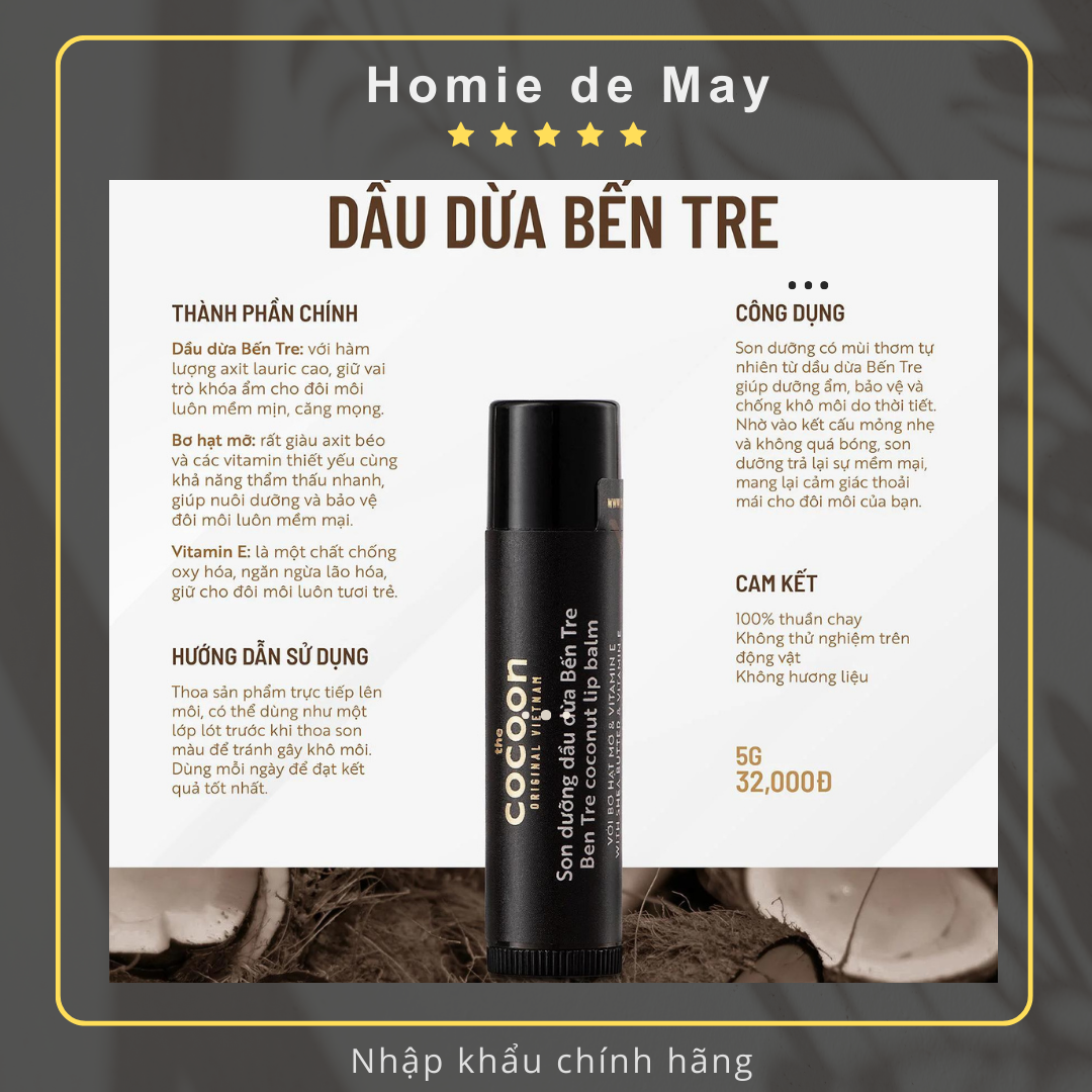 Son dưỡng môi dầu dừa bến tre the cocoon 5g
